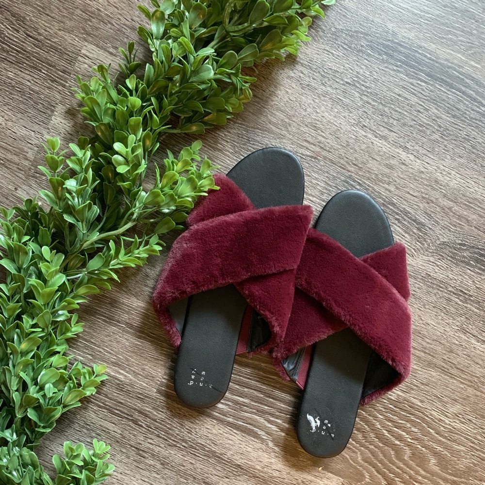a new day Burgundy fuzzy slides